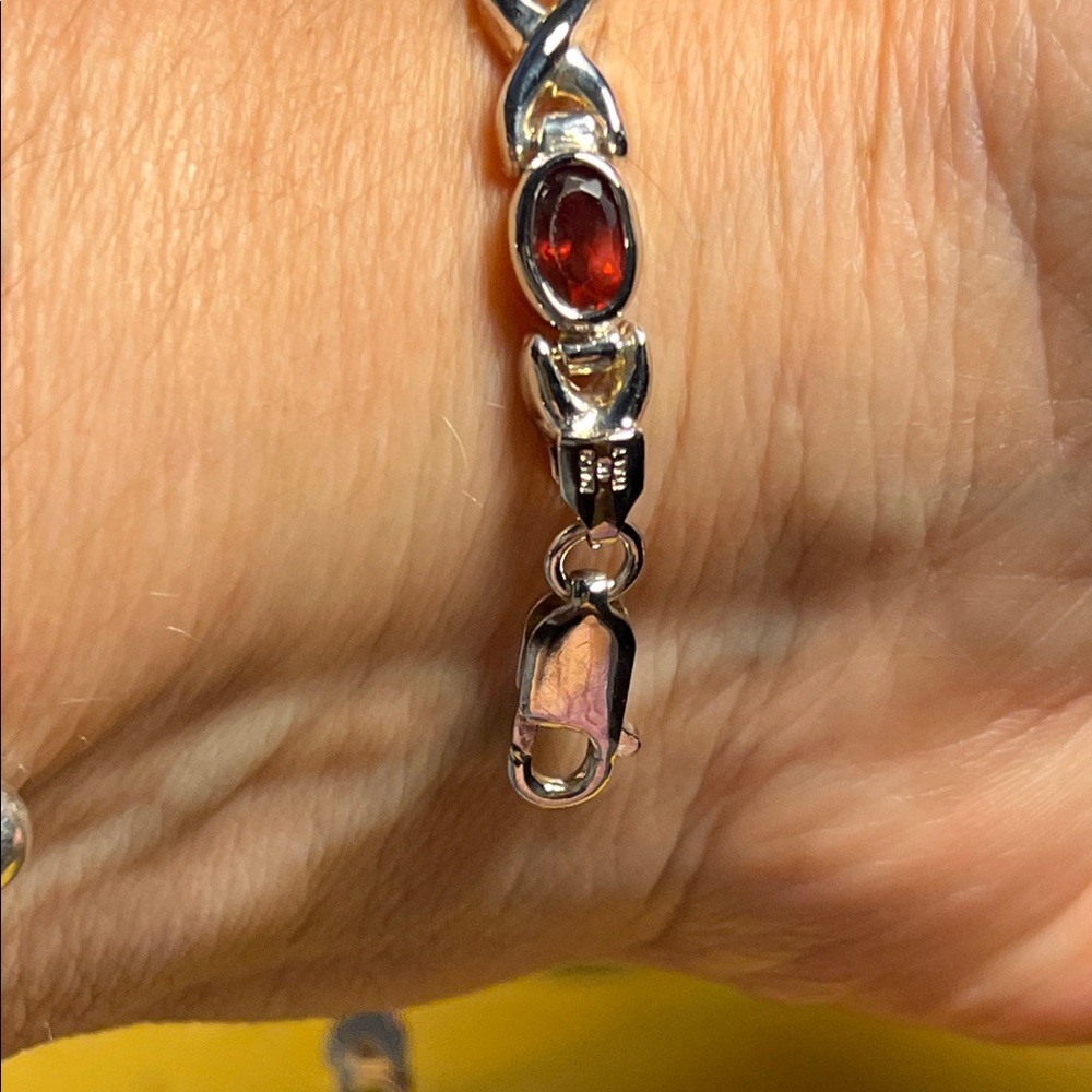 Sterling Silver Bracelet w/ X Link Chain & Semiprecious Oval Garnets & Peridots - Picture 2 of 10